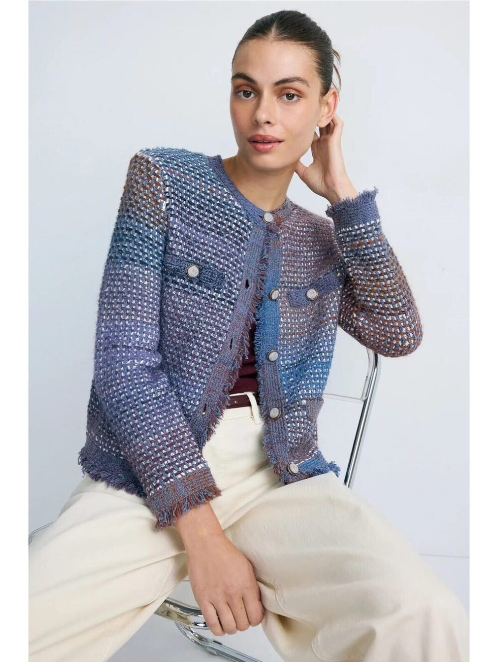 Veronica Beard Sariyah Knit Jacket M Blue Tweed Fringe Fall Blazer $578 SOLD OUT